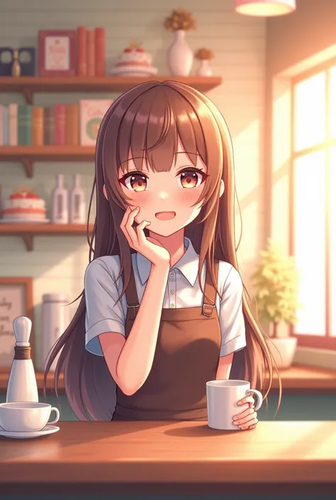 Cozy cafe interior, warm lighting. Cute anime style female part-time worker standing in front of the counter. long hair, Wearing an apron. There is a coffee cup in the background, cake, A cafe interior decorated with cute books. Overall pastel tone color. ...