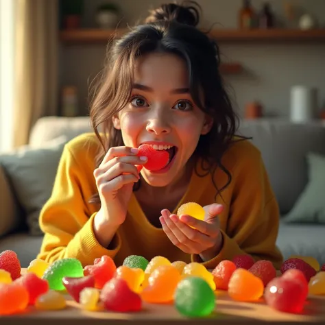 a woman eating gummies