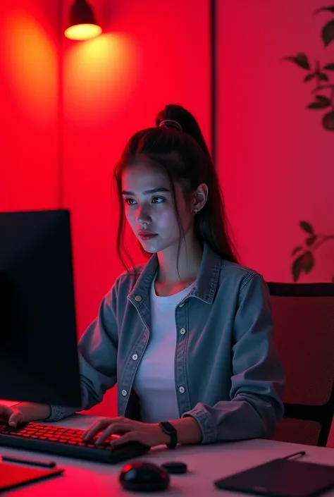 girl as web developer in red back orange background  with using computer