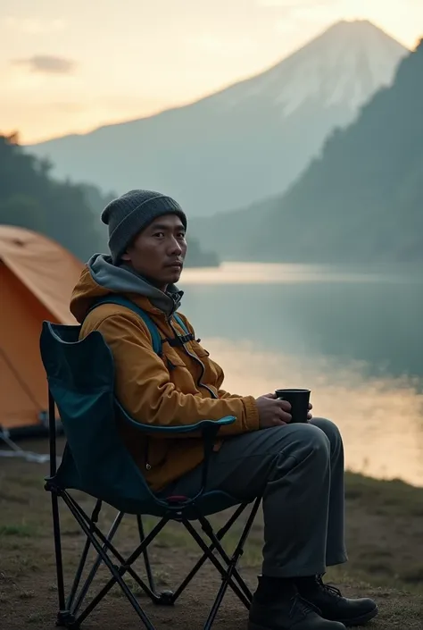 cinematic an asian man, wearing hiking gear, wearing a beanie on his head holding a cup of coffee sitting using a folding chair near the lake looking at the camera, with a view of a lake ranu kumbolo mount semeru. there are many tents, the atmosphere in th...