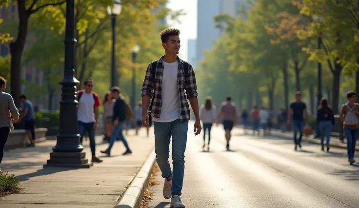 A 30 year old Indonesian man wearing casual clothes with the background of an urban area, precisely on the edge of the main road in a park area in New York City in the afternoon and, He was standing and walking with his full body visible. (all pictures wit...