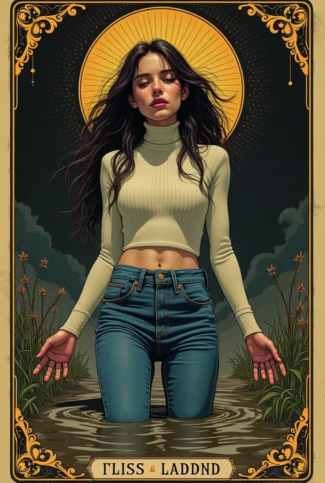 masterpiece, Highest quality, Tarot, Horror, Symbolism, Iconography, Number secrets, art, Alphonse Mucha, Victorian aesthetic line art,jeans, turtleneck, Teenage girl sinking in mud, Expressing orgasm, 