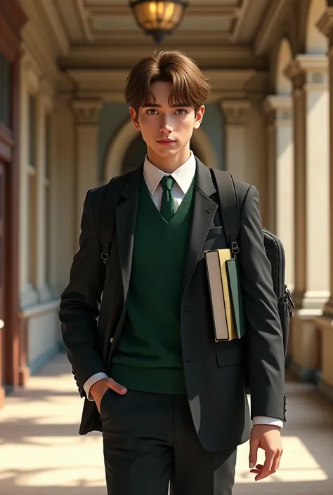 A young man with brown hair wearing a black and green university uniform inside a hallway at the university

