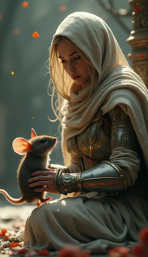 A beautiful girl wearing a cloaked armor, fight a mouse