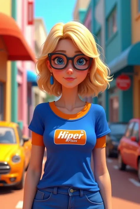 Blonde girl with shoulder length hair wearing glasses weighing 60 kilos With the Hiper Pisos logo wearing clothes in royal blue and orange in an animated style 