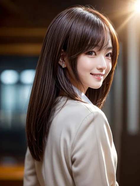 Tabletop, Highest quality, Realistic, Very detailed, finely, High resolution, 8k wallpaper, Cinema Lighting、1 person、Beautiful Japanese Women、30 years old、light brown straight bob hair, Wear a business suit, (Blurred Background、indoor、noon、Light of the sun...