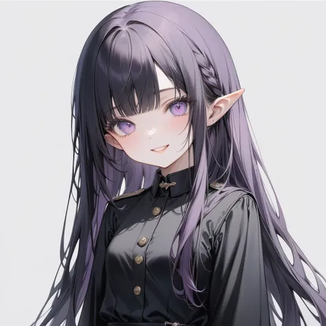 pastel colour, a bit, a bit Elves, One personの女の子, smile, Black Uniform, Plain background, (One person, slim,Small breasts,bangs,Long Hair,Black Hair,Purple Hair、slope_eye),Conceptual Art, masterpiece, Super Detail, Attention to detail, high quality, 最high...