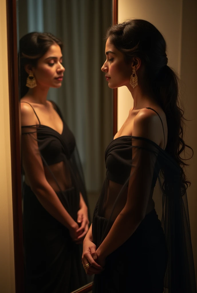 Generate the cinematic photo of the beautiful gorgeous Indian 2 age women which is looking in the mirror getting ready, she is great figure of hourglass shap, she wears black transparency saree.