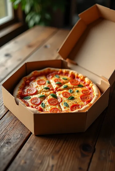 Pizza in an octagonal cardboard box with a table background