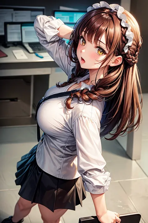 ((best quality)), ((masterpiece)), (detailed), perfect face, 1girl, busty women in her thirties, dark auburn hair with braids, yellow eyes, wearing white shirt, tight black skirt, black shoes, bending over a desk , looking over her shoulder at the viewer, ...