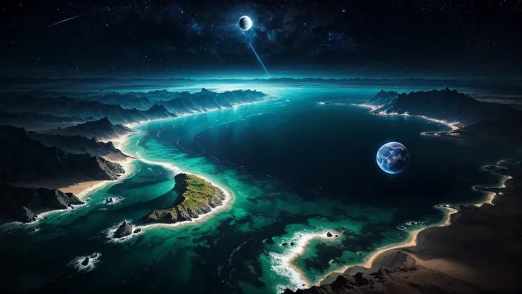 Aerial View,The sea has continuous mountains,The dark blue night has some dreamy colors,The bright, huge, round moon is fully within the frame.,Then its rays shone upon the sea,Then some hills and reefs will appear on the sea,The whole picture is 3D
