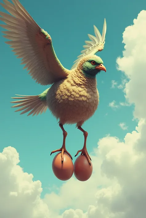 make the bird animal with 2 human extra large naked balls sack scrotum together in the place where the penis is, flying