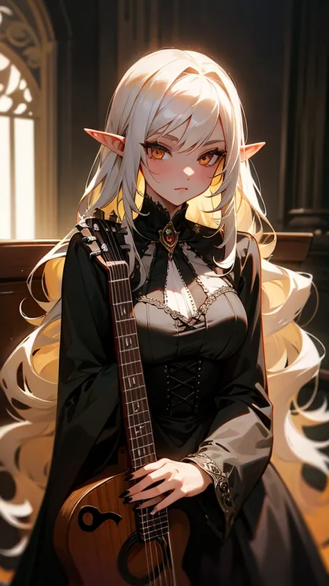 Long wavy luscious Hair, High Resolution, masterpiece, extremly detailed, using alot of gothic jewellry, golden Eyes, white hair, 2 female, dark corset gothic dress,  dark wooden weirdly shaped guitar on her back, sun kissed skin, perfect fingers, elf ears...