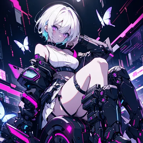 1 girl、Mature、Ample breasts、Very Short Hair、Trimmed bangs、Trimmed hair、White Hair、Black costume、choker、bracelet、Miniskirt、cyber punkな衣装、garter、cyber punk、Lying down、Night view、neon、Holding my knees、Butterfly Accessories、High resolution、Highest quality