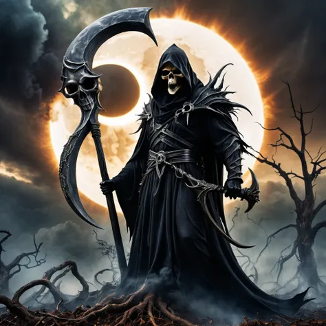 grim reaper, giant sickle, death scythe, shape that reaps life,end of the world, symbol of destruction, destruction, dark fantas...