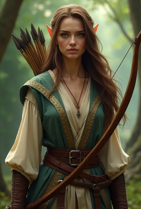 women, middle age, Fantasy Archer elf, brown hair, lord of the rings inspired outfit, from the front 