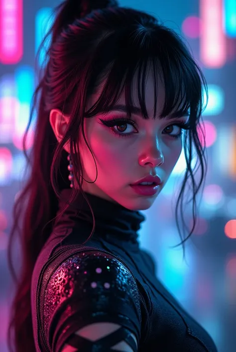 Beautiful hot girl like cyberpunk black pink purple 