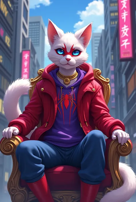 I want a male teenager he is a Furry cat he measures 1,90 me has white fur, he is wearing a red latex Ultraje suit plus a purple sweatshirt with the spider symbol, he has a bell collar around his neck, he is wearing a Spider-Man mask, only cat ears, he has...