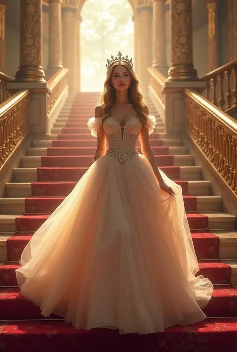 A beautiful princess with a simple but gorgeous crown wearing a huge ball gown coming down from a grant stairs smiling subtly 