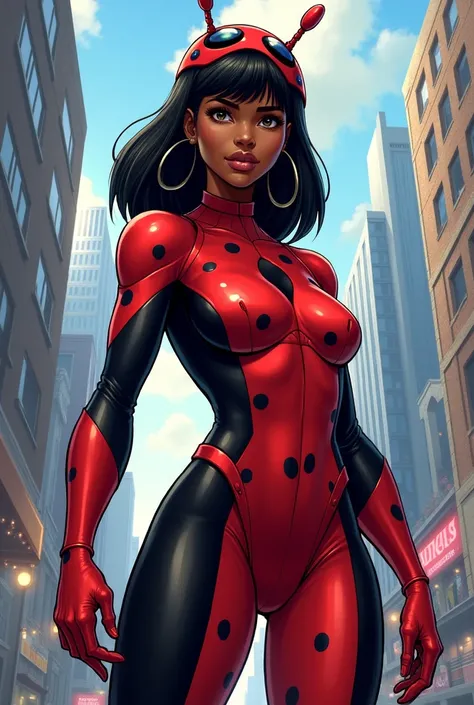 Black hero with straight hair and bangs,dressed in ladybug outfit 