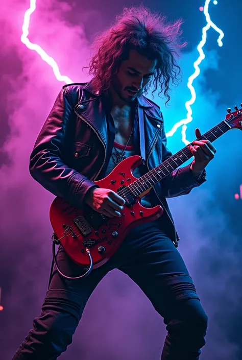 Create a matching profile picture for the 80s rock n roll theme. It should feature bold colors like neon purples and blues, with a guitar or microphone in the design. The text Rogers AI should be included in a sharp, electrifying font, and the image should...