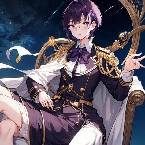 Night sky background, night time, Military uniform, noble clothes, aristocrat, white cape, 1girl, solo, small-medium breast, dark purple hair, high collar, monocle, monocle glasses, shining hair, sitting on couch, facing viewer, arrogant,