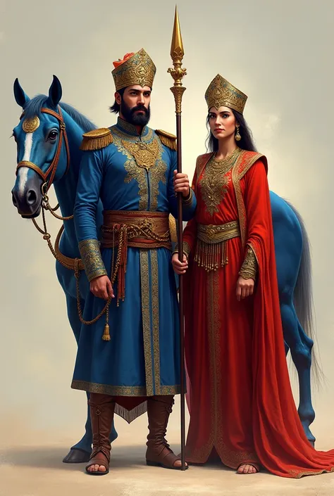 A man with royal blue clothes and jewelery and a women with red royal clothes and both stand with the blue horse and with the spear and pagdi on head 