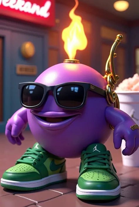 Purple Bob-omb, with gold-colored winding key on the back, with green Nike Jordan brand tennis shoes with a fire wick on his head, with dark sunglasses, Drinking a slushy cocktail in a white styrofoam cup, with the name of the establishment called WEEKEND.