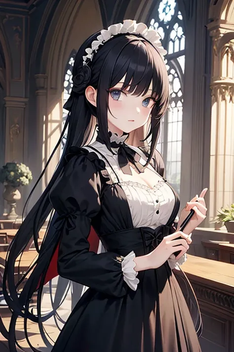 A character that combines elements of Victorian Gothic style and anime-style beautiful girls.。I&#39;m around 1.。Her hair is reddish brown.、It is gathered at the back、Decorated with a black ribbon。She has big brown eyes、Has a soft and gentle expression。Eyeb...