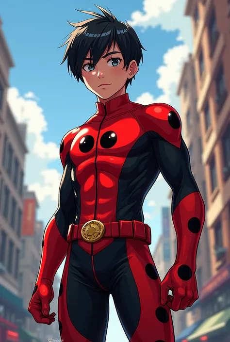 Black straight haired teenage male hero with bangs,dressed in ladybug outfit 