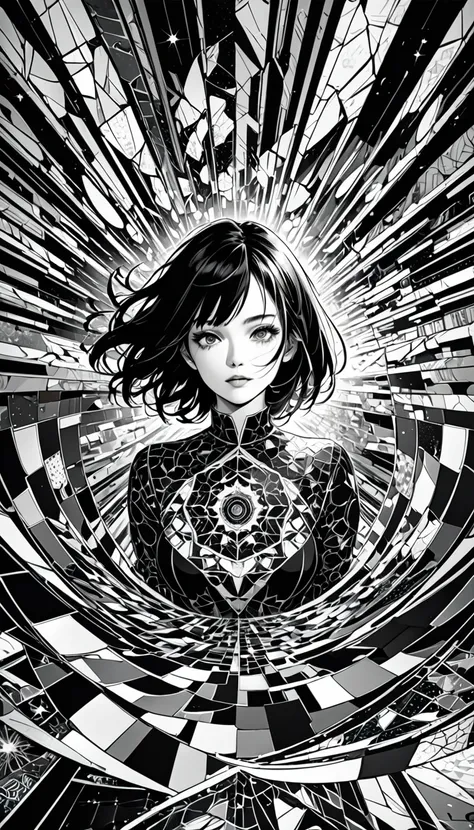 patchwork illustrations, conceptual installation art, high and fine artwork, huge kaleidoscope of color and monochrome, brilliant and matte, beautiful woman at the center of the kaleidoscope, cracks caused by cosmic rays, delicate and dynamic textures, con...