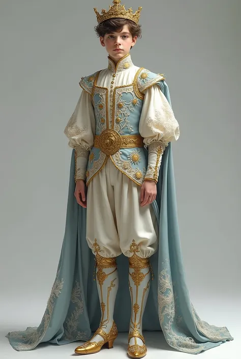 prince costume design, whole body, zapatos delicates, adolescent, European, medieval, light blue-gray color, details in white gold, golden details, jewelry, delicate, with a cape behind the pants,youth, White clothes, men&#39;s ballet top, high square neck...