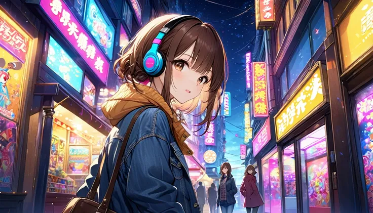 background：Arcade at night。Colorful neon lights glow、Shop signs lined up。
expression：少し驚いたexpression。Something is catching my attention。
Costume：Casual jacket and jeans。Chic style for the evening。
Pause：Walking through the arcade、Enjoying window shopping。
...