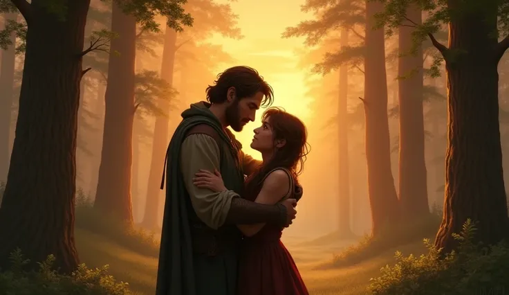 A touching scene where Liam is hugging Pippin goodbye. The forest is bathed in the warm glow of a setting sun, and both characters are showing a mix of sadness and happiness.