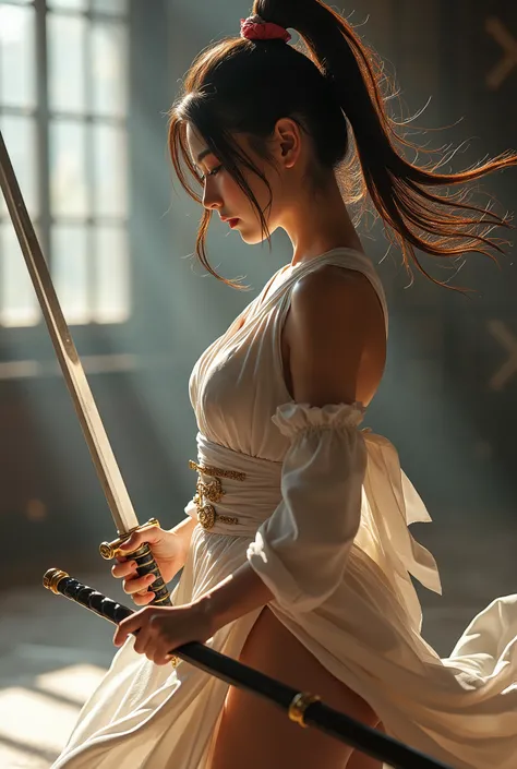 as Yuuki, 
woman in the dojo, Fights, rapier in hands, stationary, Goddesses, the hair is tied with a ribbon at the back masterpiece, Best Quality, light room, natural, perfect,raw, Intricate, high quality, Mamiya, Exposure Mix, in doggy position,four paws...