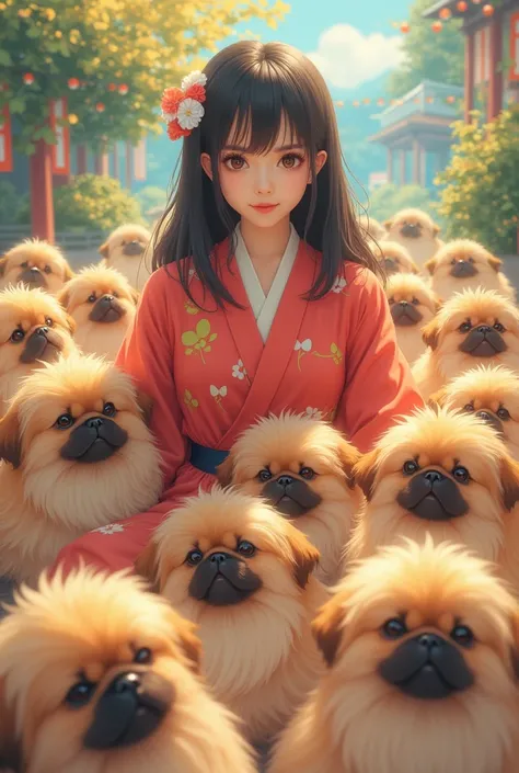 Japanese women々The woman surrounded by the colorful Pekingese has medium-long hair and a plump body. The Pekingese has a little longer hair.