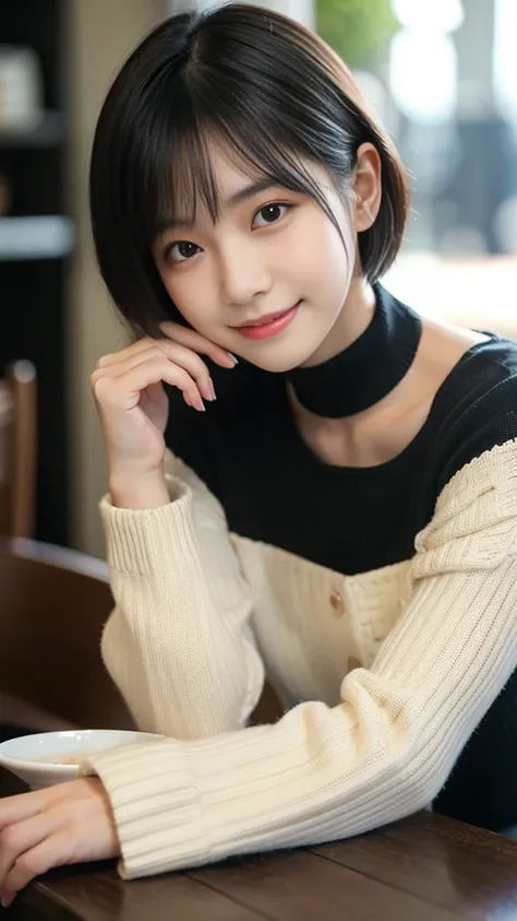 Tabletop, Highest quality, Realistic, Very detailed, finely, High resolution, 8k wallpaper, Cinema Lighting、1 person、Cute Japanese Woman、24-years-old、Black short bob hair, Wearing a black long sleeve knit、 (Blurred Background、Cafe、Natural light)、Sharp focu...