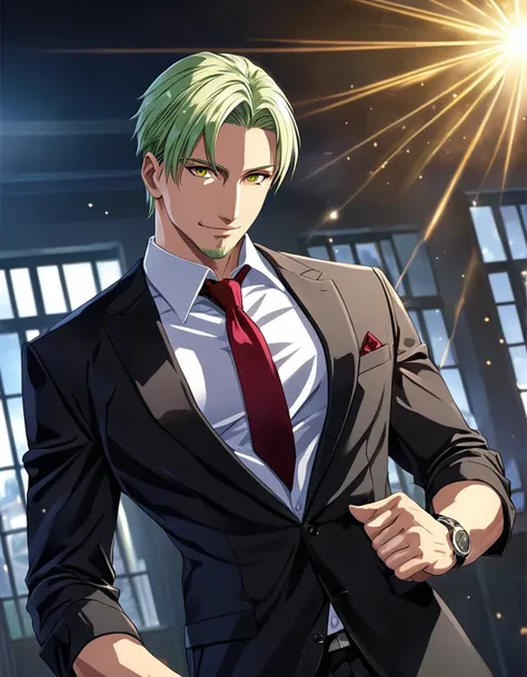 1 person, veteran cia agent, handsome young man, business hairstyle with asymmetrical bangs, beard,mustache green platinum blond...