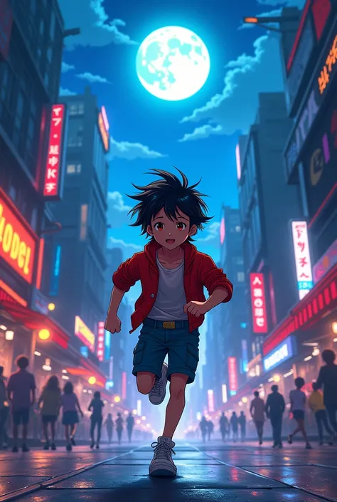 A BOY running in the street with the moon  (vibe anime)