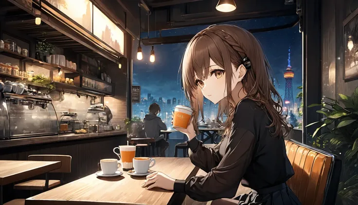 background：A modern and cool designed underground cafe。In a secluded space、Dimmed.。
expression：Like he&#39;s thinking.、少し遠い目をしたexpression。
Costume：Simple and stylish cafe style outfit、Black top and skirt。
Pause：Perched on a chair、Holding a hot cup in both ...