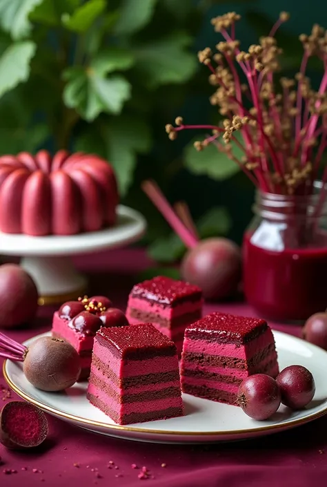 Sweets and Desserts with beetroot flour, with some beautiful and realistic beets next to it, jars of various beetroot-colored sweets, realistic beetroot-colored desserts on a luxurious table