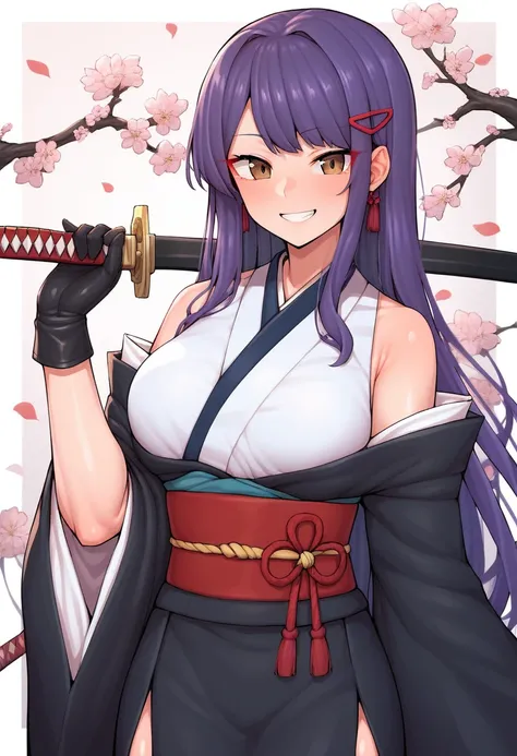 score_9, score_8_up, score_7_up, score_6_up, score_5_up, score_4_up, source_anime, 1girl,raidenshogundef, worth, upper body, purple hair, smile, long hair, hairpins, leather gloves, brown eyes, kimono, stockings, red belt, Katana, room, best quality, best ...