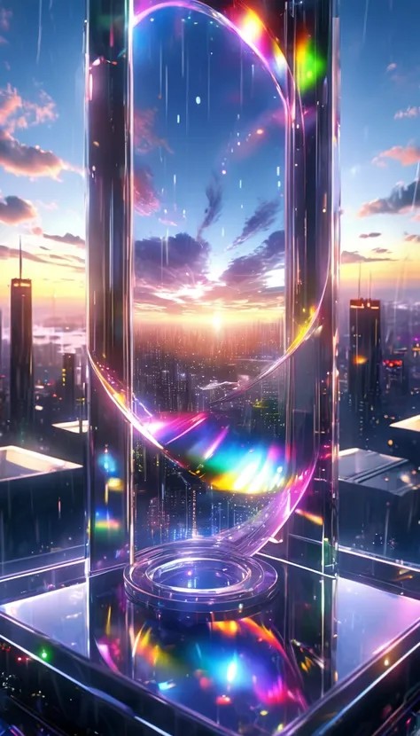 sunrise, bright, after the rain, horizon, In the sky, city , Lens flare, colorful,Mr.々Variations、Highest quality, Super Fine, 16K, Incredibly absurd, Very detailed, delicate and dynamic, Made of chrome-plated framework and glass、Mysterious artistic structu...