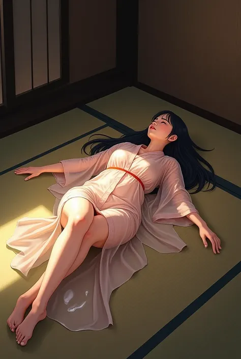 The whole body of a beautiful woman lying on her back in a transparent yukata、live-action、Fair skin、Water seeps out of your clothes and soaks your whole body and the tatami mat.、Disturbed transparent yukata、Sweating profusely、Pure white skin、Spread your le...