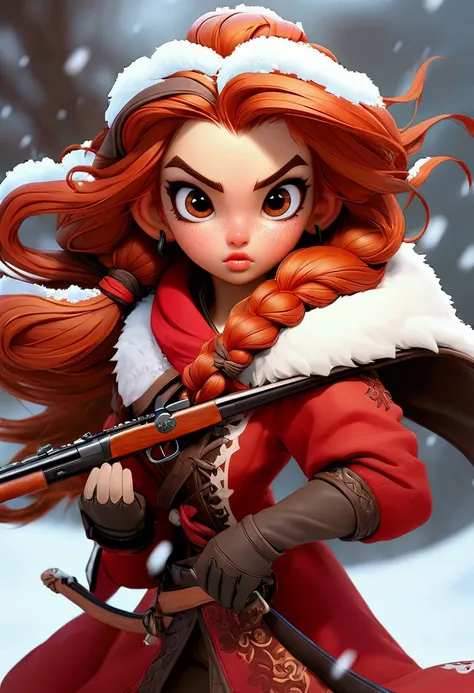 a warrior girl with a rifle taking a combat pose in the snow, oriental, blade and soul, ink style, long red hair, leather and fur coat, cold, artwork, 3D, 4k, detailed, photorealistic, beautiful detailed eyes, beautiful detailed lips, extremely detailed ey...