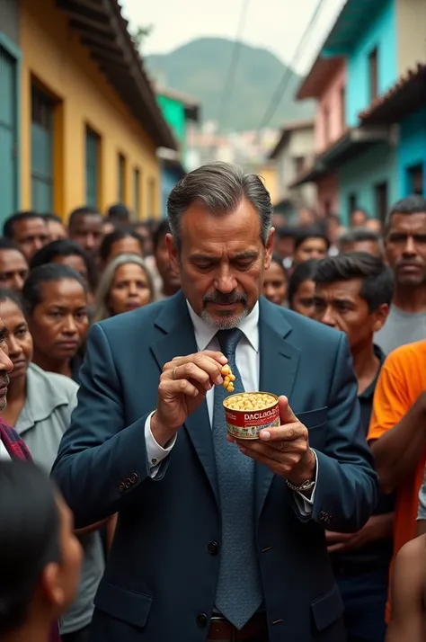 A politician at a rally in a favela in Rio de Janeiro, eating beans from a sardine can among the locals, super realistico, HD 