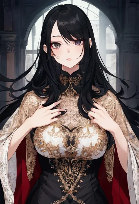 A girl with long black hair, black eyes