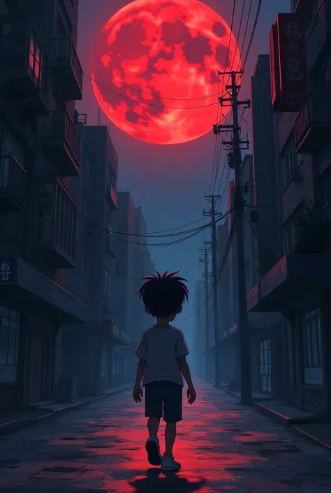 A BOY walking down the street in fear looking at the full blood moon (vibe anime)