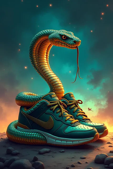 Draw a cobra that wraps on Nike shoes, the night with distinctive lights 