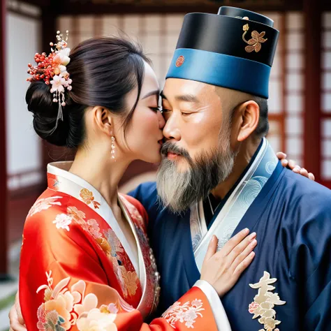 ((Highest quality)), ((masterpiece)), (detailed), （Perfect Face）、The woman is Japanese、The woman is embracing and kissing a middle-aged Chinese man with a beard in their wedding ceremony.